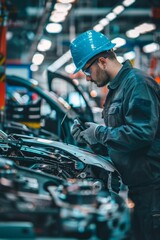 Fototapeta premium High Tech Car Production: Engineer using Thermal Imaging Camera on Organized Assembly Line
