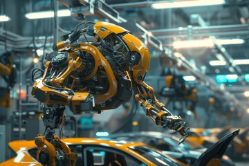 Fototapeta premium Futuristic Engineer Using Robotic Exoskeleton in Advanced Automobile Factory Assembly Line