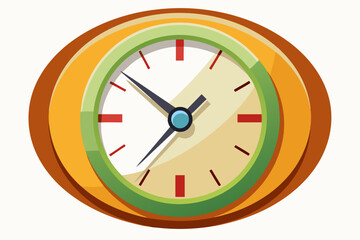 A Cartoon Illustration of a Round Clock with Orange and Green Trims