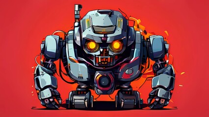 A powerful, futuristic robot stands in a low, aggressive stance, suggesting readiness for action or combat. The robot's design is highly detailed, with a sleek, metallic body that features angular arm