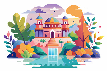 Colorful Illustration of a Mosque with Lush Foliage and a Reflecting Pool