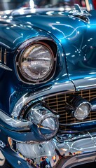 Vintage Blue Classic Car Close-Up with Chrome Details, Ideal for Retro Auto Enthusiast Posters