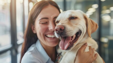 Happy businesswoman embraces her Labrador therapy dog and having fun in office. 