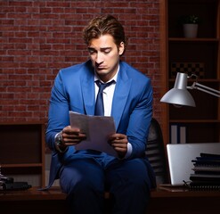 Young businessman working in the office at night