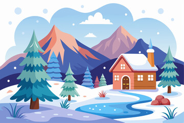 Fototapeta premium Snowy Mountain Landscape with a Cabin and Frozen River