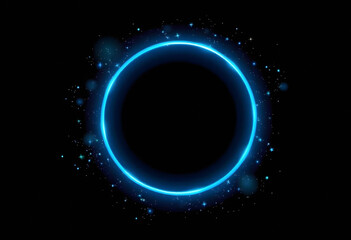 Fototapeta premium Glowing neon blue circle surrounded by small, twinkling stars, isolated on a rich black background