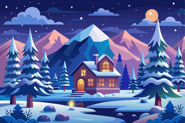 Fototapeta premium A Cozy Cabin Nestled in a Snowy Mountain Landscape Under a Starry Night Sky