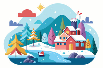 Snowy Village Landscape with River and Bird