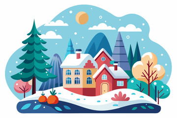 Snowy Winter Village with Houses and Trees