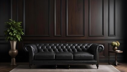 Obraz premium A black leather tufted sofa in a dark, elegant room with wooden paneled walls