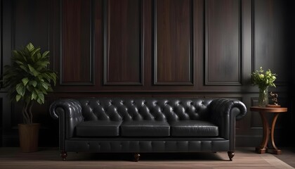 Obraz premium A black leather tufted sofa in a dark, elegant room with wooden paneled walls