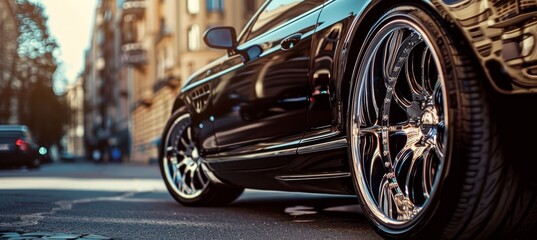 Luxury Car Close-Up with Chrome Details in Upscale City Environment for Automotive Designs