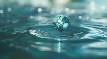 blue and green globe floating on water, with ripples around it