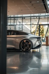 Futuristic High-Tech Electric Concept Car in Metallic Silver Finish Displayed in Showroom