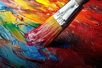 Fototapeta premium A close-up of a paintbrush creating vibrant strokes on a colorful canvas, showcasing the beauty of artistic expression.