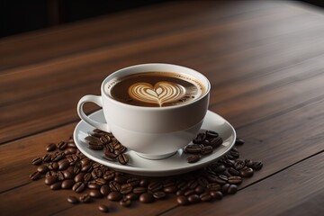 Coffee cup and coffee beans on a wooden table, top view. ai generative