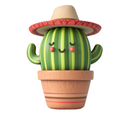 A cute cactus with a smiling face and a sombrero is sitting in a pot. The cactus is green with yellow stripes and has a small, brown pot. 