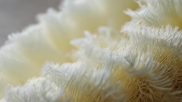 Close up view of lion's mane mushroom showing its intricate details and texture