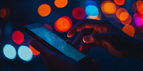 Close up of person using a smartphone at night with vibrant city lights in the background, technology and connection in an urban setting