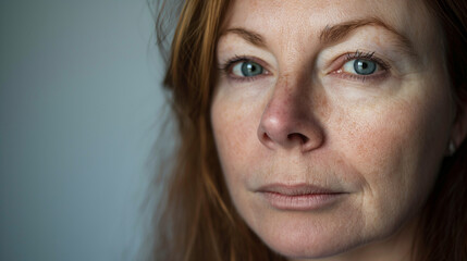 Close-up portrait of a woman without makeup in her middle years. Thoughtful expression egainst a neutral background. Generative AI.