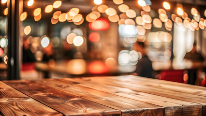 Wooden table blurred bokeh background background. Neon light, night view, close-up. The general background of the interior, a dark modern colorful background