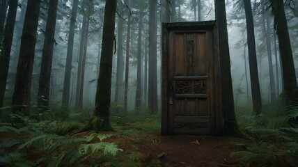 A weathered wooden door with intricate carvings standing alone in a misty forest, surrounded by tall trees