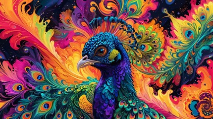 Fototapeta premium modern oil painting of beautiful multicolored peacock art, abstract peacock art collection of peacock painting for decoration and interior, canvas art, abstract