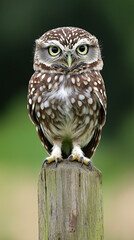Obraz premium Little owl on an old post looking at the camera