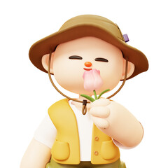 Camper Young Man Character Happy Holding Pink Tulip Flower and Sniff The Scent in Outdoor Camping Or Scout Uniform. Cute Cartoon 3D healthy lifestyle. Tourist camp tents.
