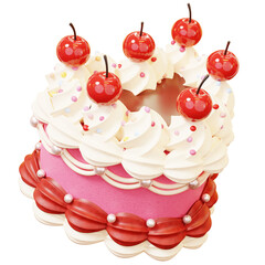 Heart Shaped Cake decorated with cherries for birthday, valentine's day. Cute Cartoon 3D Happy Valentine's Day, Anniversary, Wedding, Love Concept.
