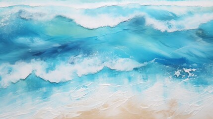 Top perspective of blue sea waves rolling onto the beach, bright and vibrant summer feel