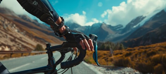 Disabled Cyclist Adjusting Prosthetic Arm on Bike Handlebar with Scenic Mountain Road - Powered by Adobe