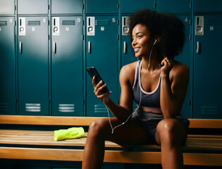Phone, tennis player or woman in locker room for sports, competition and relax with mobile app for music