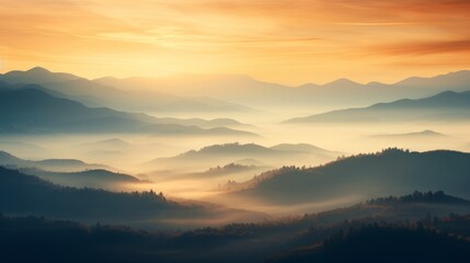 Fototapeta premium Serene sunrise over foggy hills, warm glow spreading across landscape