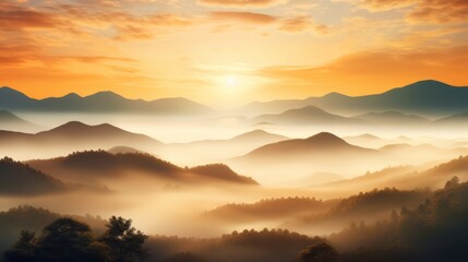 Obraz premium Serene sunrise over foggy hills, warm glow spreading across landscape