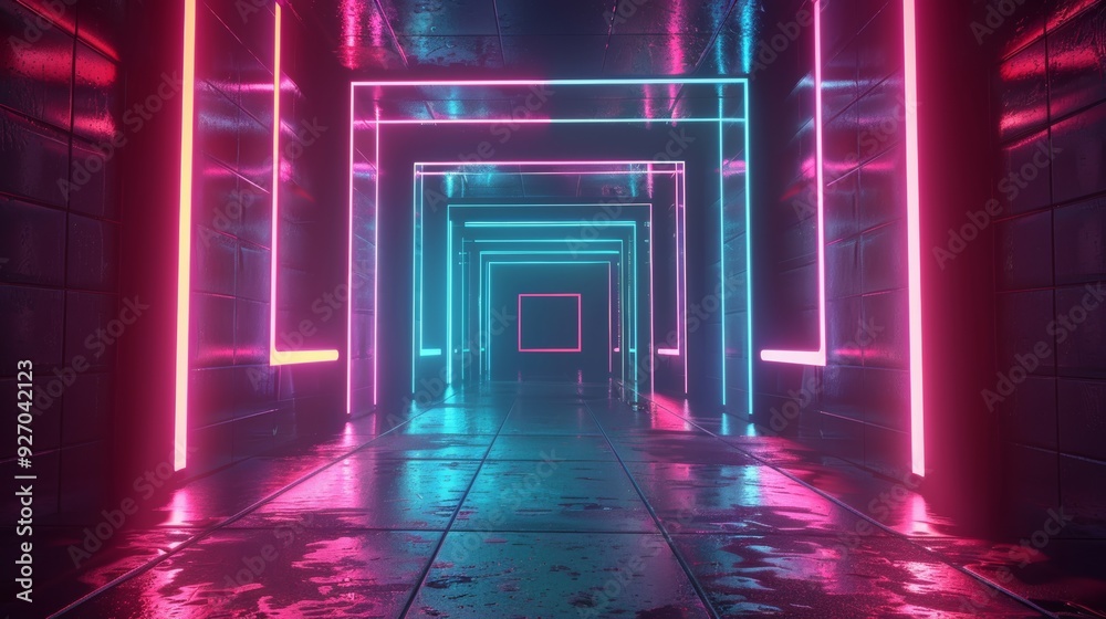 Poster Rotating square frames in a vibrant neon tunnel, looped 3D animation, abstract background
