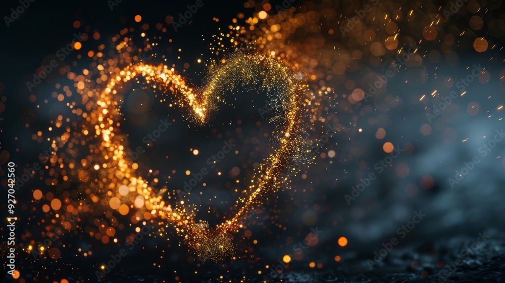 Poster radiant heart shape with sparkling particles on black background