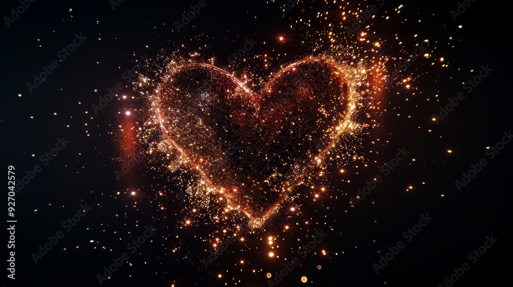 Poster radiant heart shape with sparkling particles on black background