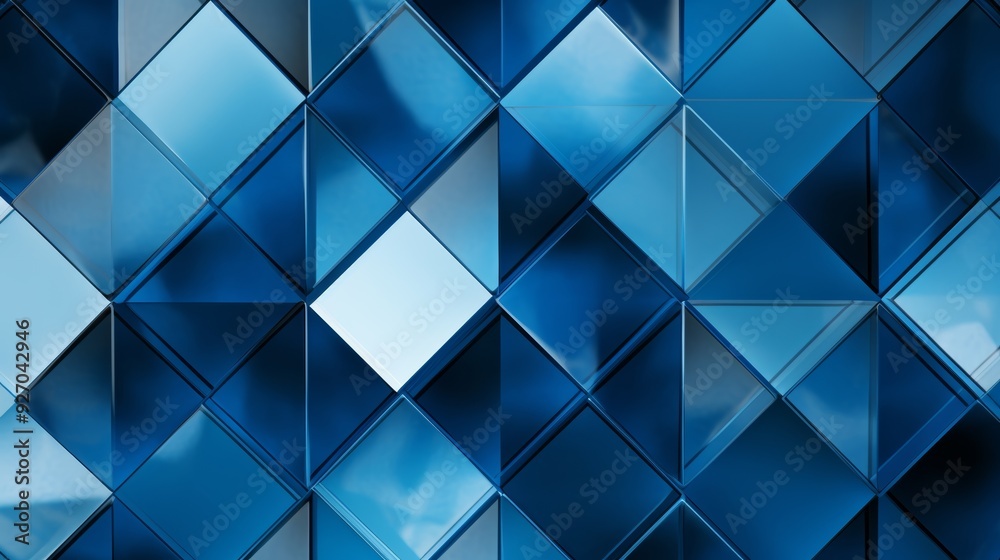 Poster photograph of a modern abstract blue background with interlocking diamonds and squares in a complex geometric pattern,