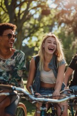 Obraz premium Friends Enjoying a Casual Bike Ride in a Lush Green Park, Laughing and Chatting
