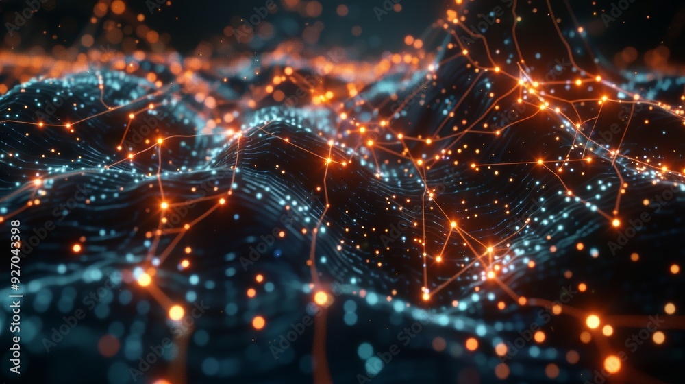 Poster Neural network 3D animation with glowing digital elements and connections
