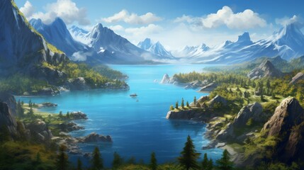 Fototapeta premium Panoramic view of an island with a rugged mountain, forest, and bright blue water