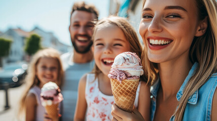 A family enjoying ice cream cones while strolling through a seaside town