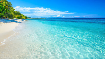 A serene seaside view with crystal clear water and a white sandy beach