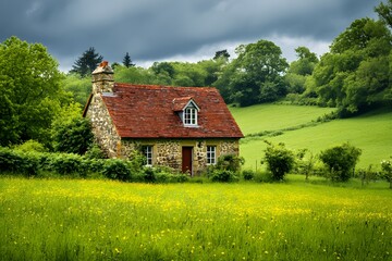 Obraz premium cottage in green fields