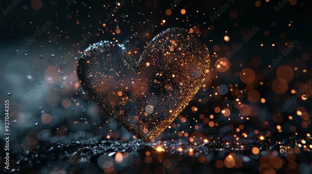 Aufkleber illuminated heart shape with sparkly particles on black background,