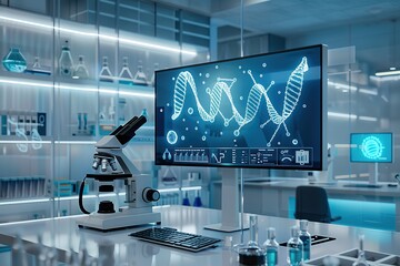 A computer monitor displays a DNA strand on a white background