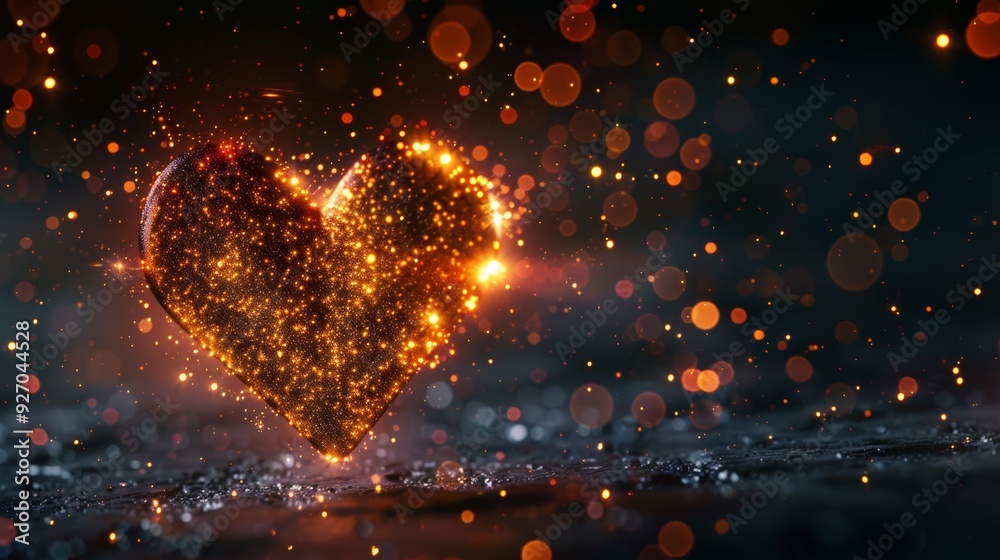 Poster heart made of sparkling particles glowing on a black background