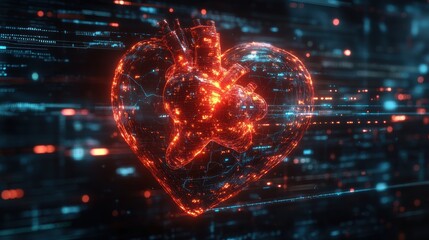 Obraz premium A glowing red heart with a digital heartbeat line in the background, representing health and technology