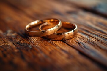 Two gold wedding rings are sitting on a wooden table